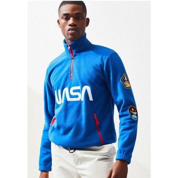 Chemistry Men's Sz L Blue NASA USA Flag Sleeve Patches 1/4 Zip Fleece Sweater - Picture 2 of 11